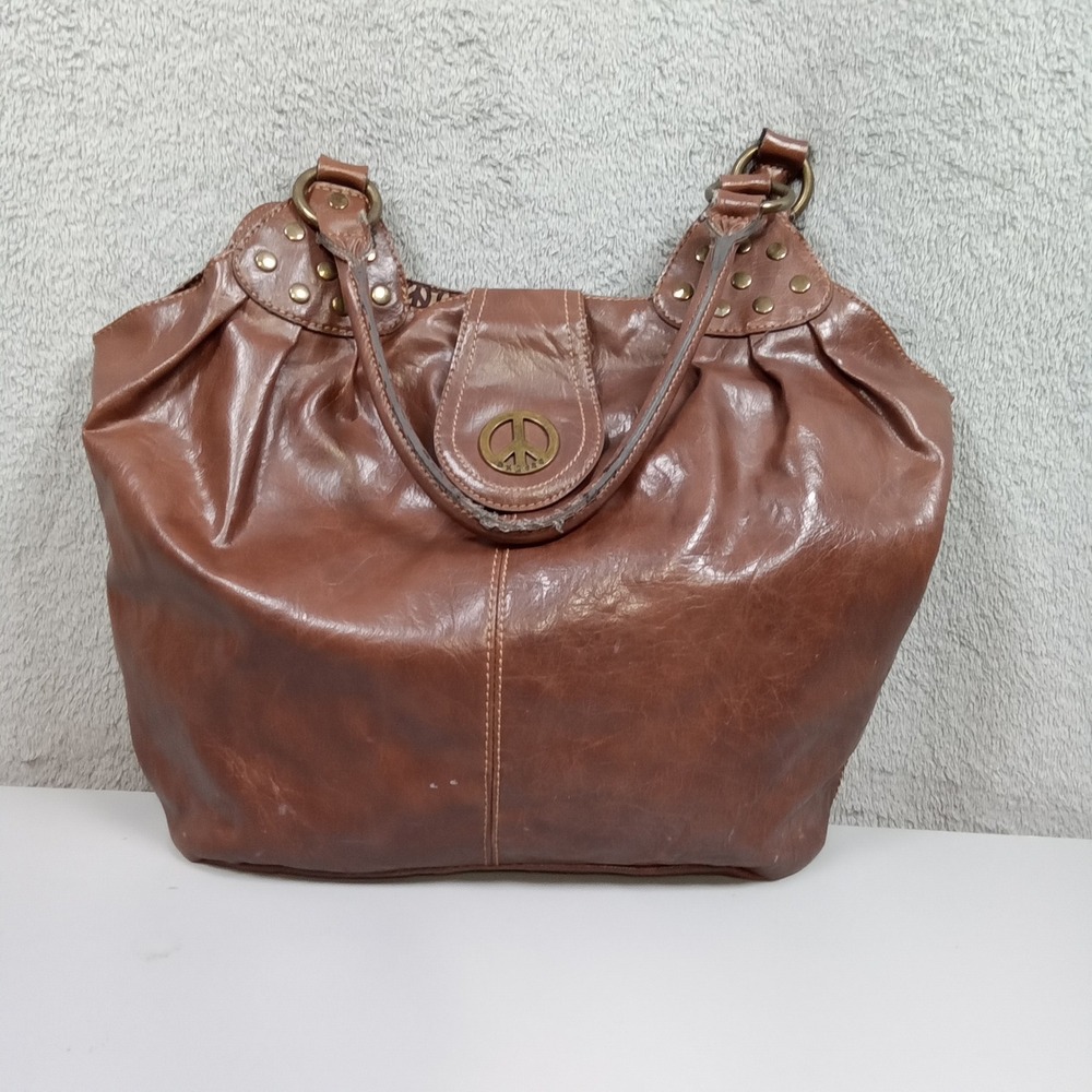 Axcess Liz Claiborne Brown Faux Leather Peace‎ Sign Studded Hobo Shoulder Bag